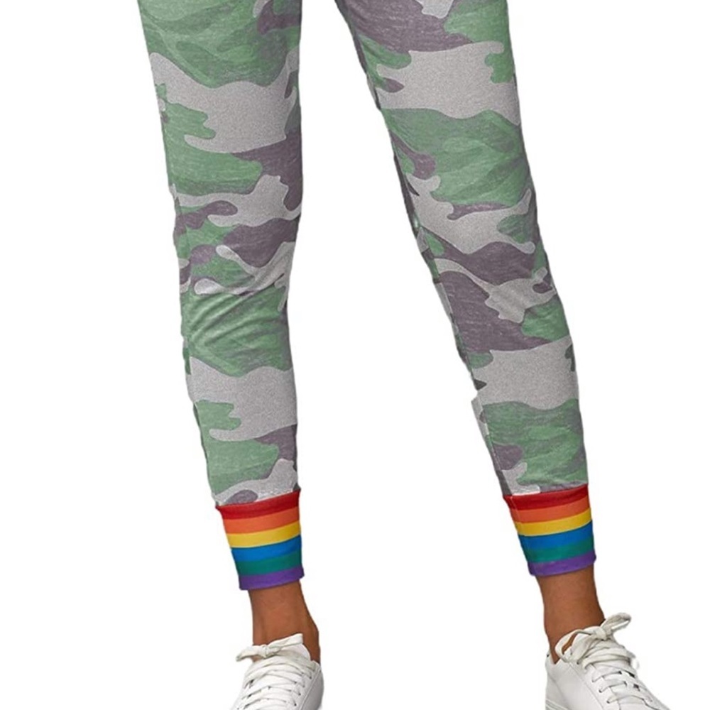 Women Rainbow Pride Stripe Camo Joggers Drawstring Waist Pants with Pocket Green - Picture 5 of 6